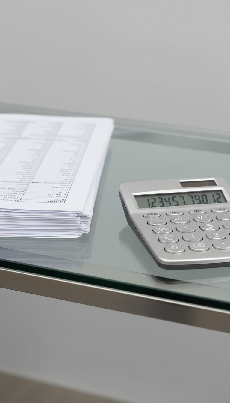 A close-up of an elegant, metallic silver calculator with finely etched buttons and a clear digital display, set next to a sharply aligned stack of paper financial statements with smooth, unblemished surfaces and subtle blue-gray print. The setting is a refined glass desk bordered by brushed steel trim, with a pale gray wall in the softly blurred background. The lighting is bright and even, provided by overhead LED panels, creating crisp highlights and gentle edge shadows that enhance the tactile quality of the materials. The camera captures the scene at eye level using rule of thirds composition for a fresh, precise feel. The photo conveys a mood of clarity, efficiency, and trustworthiness, aligned with the sleek, structured, and professional identity of a bookkeeping firm.